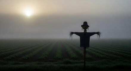 Silhouette of a scarecrow standing in a misty field at sunrise