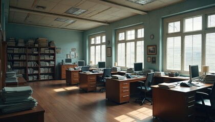 Old vintage office interior with wooden desks, retro computers. Empty workplace with paper stacks, bookshelves. Sunlight from large windows illuminates nostalgic administrative room, classic