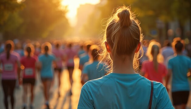 Group of diverse people run a race at sunset. Athletes participate in a charity marathon event on a city street. Runners with bright shirts move together on the road.