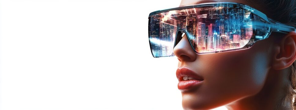 Woman wearing futuristic vr glasses showing smart city and experiencing augmented reality