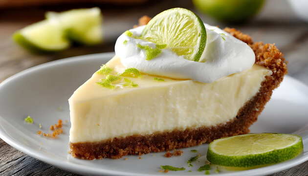 A slice of key lime pie with a graham cracker crust and a tart lime filling