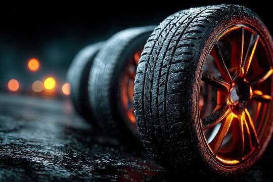 Winter car tires on a black background. Close-up - Powered by Adobe