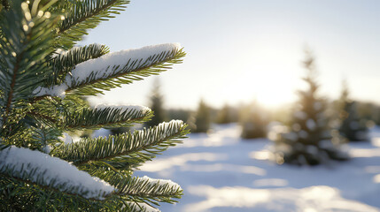 Serene Christmas tree farm at sunset, showcasing snow covered branches and warm glow in background