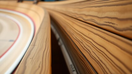 velodrome. Close-up of wooden velodrome track banking showing grain and curved structure. event key visuals, club posters, designed for sports event promotions and stadium branding.