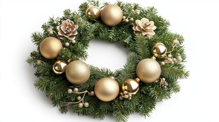 Beautiful Christmas wreath adorned with golden ornaments and pinecones, perfect for festive decoration