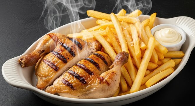 Classic Belgian Kip met Frieten (Grilled Chicken with Frites) Steaming in a White Dish with Copy Space