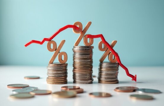 Percentage symbols on coin stacks with red chart arrow going down. Economic recession crisis, inflation, financial loss concept. Represents decreasing interest rates, investment market fall, rising