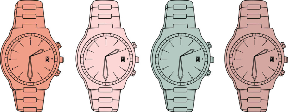 Vector illustration of a diverse collection of modern wristwatches in various vibrant colors, showcasing stylish timekeeping accessories and contemporary fashion design