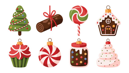 Festive Christmas Ornaments: A delightful array of festive ornaments captures the essence of the season with ornaments, featuring a charming Christmas tree, lollipop, gingerbread house.