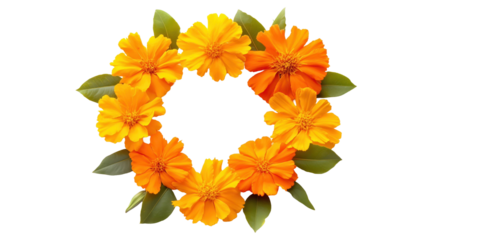Floral Circle: A vibrant wreath of delicate orange and yellow blossoms, interwoven with lush green foliage, creates a harmonious ring of nature's beauty and elegance.