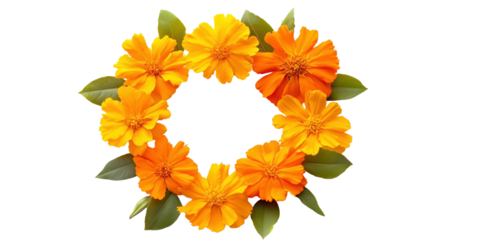Floral Circle: A vibrant wreath of delicate orange and yellow blossoms, interwoven with lush green foliage, creates a harmonious ring of nature's beauty and elegance. - Powered by Adobe