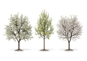 Three trees showing seasonal changes spring blossoms summer fruit and winter bare branches isolated on white background