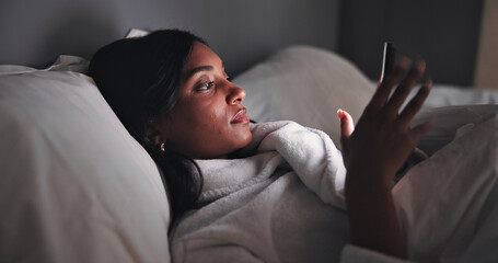 Streaming, night or woman in bed with phone, online reading or video browse on social media. Relax, ebook and girl in house with tech, entertainment subscription or digital app scroll in late evening