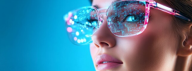 Woman wearing futuristic glasses with glitch effect and digital information display
