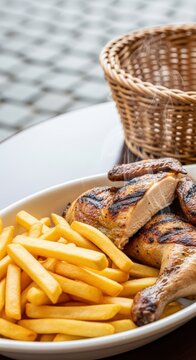 Classic Belgian Kip met Frieten (Grilled Chicken with Frites) Steaming in a White Dish with Copy Space
