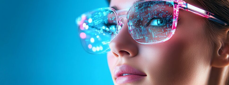 Woman wearing futuristic glasses with glitch effect and digital information display