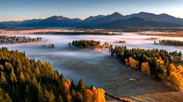 Aerial view of a misty valley with trees of changing colors and mountains in the background