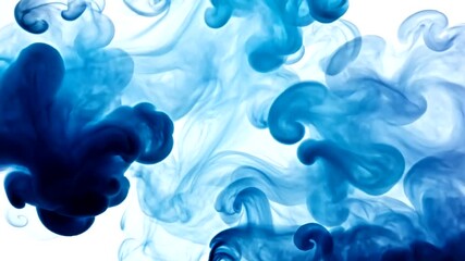 A vibrant blue abstract composition featuring flowing, swirling shapes against a stark white backdrop