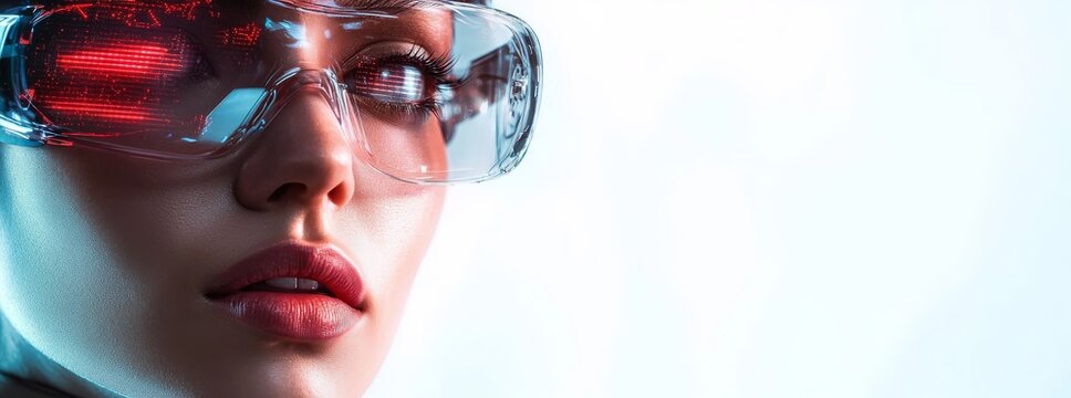 Scientist wearing futuristic glasses with glitch effect and red light