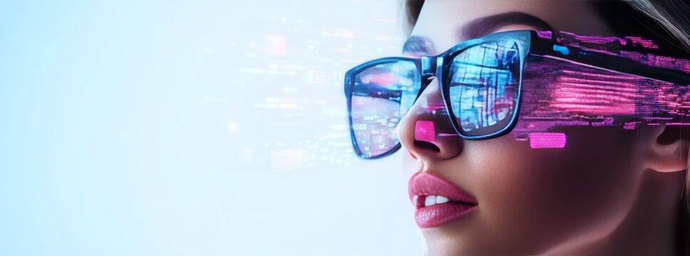 Businesswoman wearing smart glasses experiencing augmented reality futuristic technology