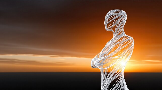 Abstract Wireframe Human Figure Standing Against Sunset. Artistic Futuristic Design Symbolizing Identity, Technology, Humanity, Veins