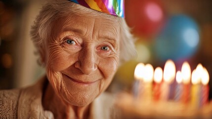 Elderly woman in party hat smiling while celebrating birthday with cake with candles and balloons  