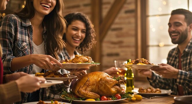 Group of friends enjoying Thanksgiving dinner around a festive table