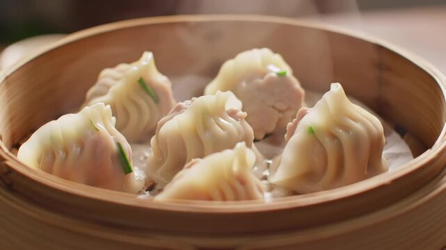 Steaming dumplings in a bamboo steamer, showcasing food preparation, for culinary content