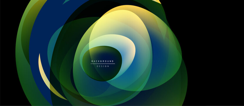 Abstract fluid shapes overlap, creating dynamic color gradients. Design features teal, yellow, green hues. Text reads background design.