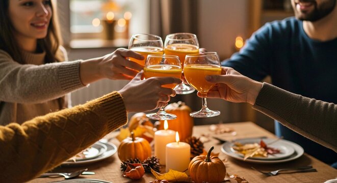 Friends toasting with drinks at Thanksgiving dinner table indoors  