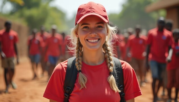 Smiling blond woman in red shirt and cap leads group of volunteers in Africa. People in uniform walk on dusty path. Community members work together on outdoor project. Positive teamwork.