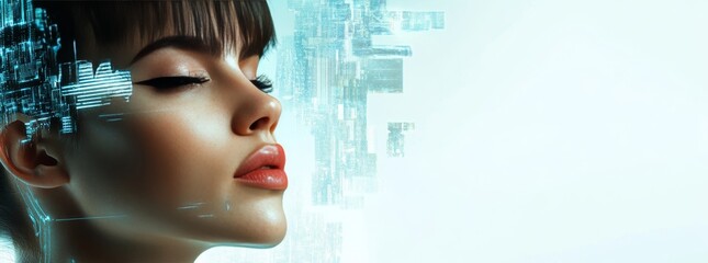 Woman showing digital glitch effect representing artificial intelligence technology