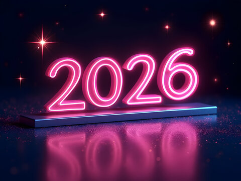 Neon script 2026 with sleek loading rail and glitter scatter