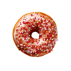 A donut with white icing and red and white sprinkles on top
