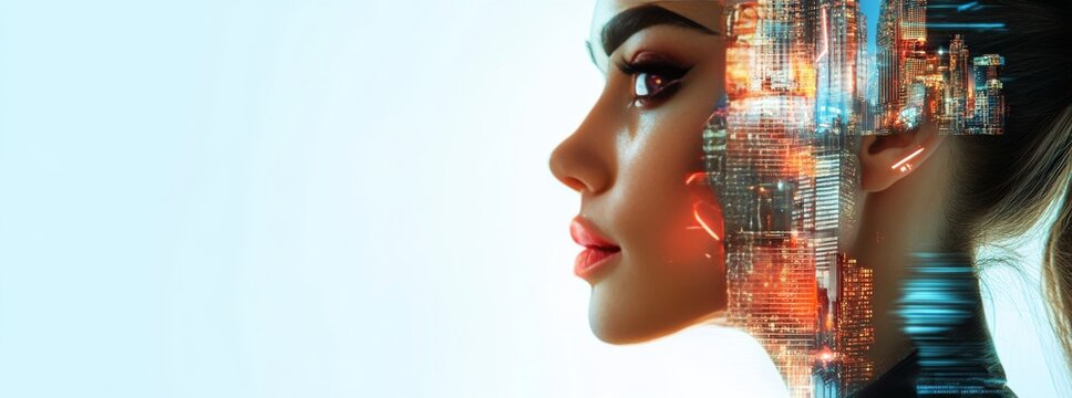 Businesswoman combining her face with a futuristic cityscape - Powered by Adobe