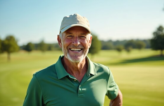 Cheerful senior man smiles at camera on green grass golf course. Elderly golfer in green polo shirt. Happy mature sportsman wearing a cap enjoys retirement on golf club outdoors.