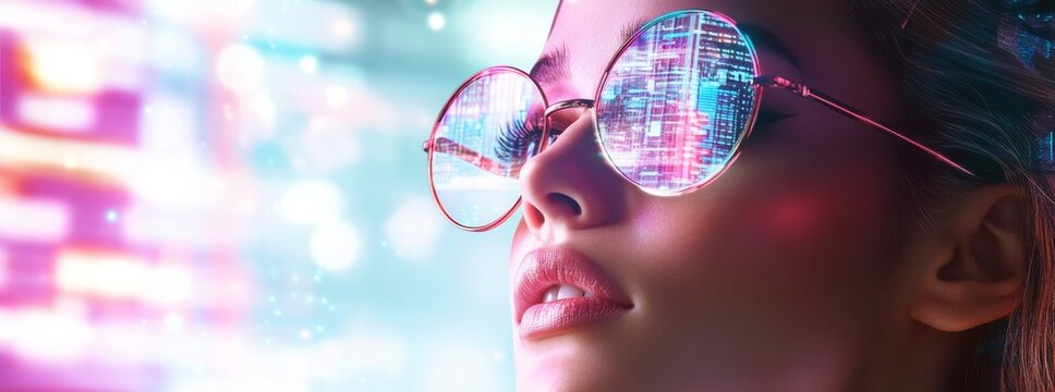 Woman wearing glasses reflecting holographic digital code in futuristic metaverse
