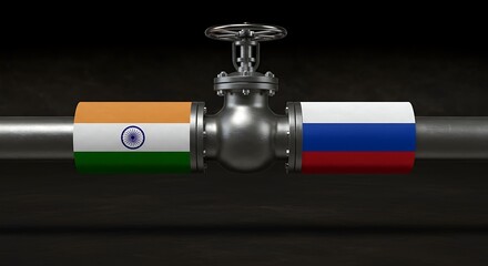 Strategic energy pipeline connecting India and Russia, symbolizing vital international trade relations and resource flow with industrial valve control