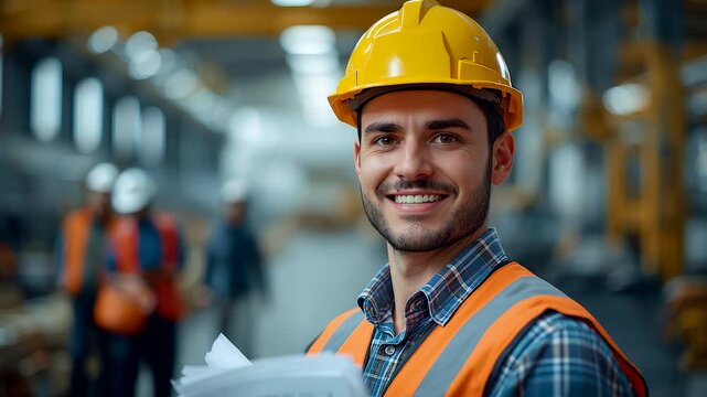 Smiling Young Engineer in Yellow Hard Hat and Orange Safety Vest Holding Plans in Factory