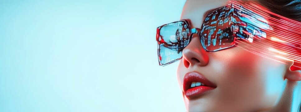 Woman wearing futuristic glasses with glitch effect and colorful lights