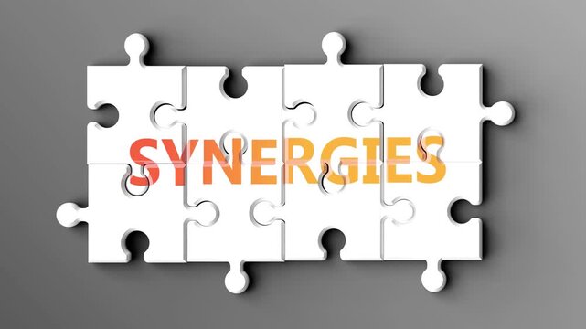 Synergies being a complex topic - puzzle pieces with word synergies coming together to make a whole. Synergies made of many fitting parts, a compound subject.