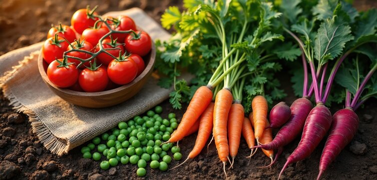 Freshly harvested organic vegetables on soil. Red tomatoes in wooden bowl green peas carrots and beetroot. Healthy food concept nutrition diet agriculture and gardening.