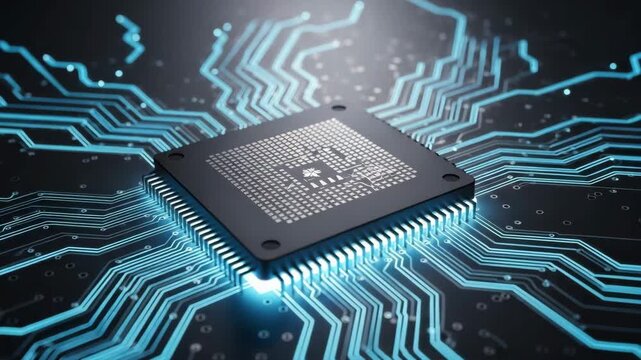 Future Computing: Close-up of a Black Microchip on a Motherboard with Blue Glowing Circuit Traces.