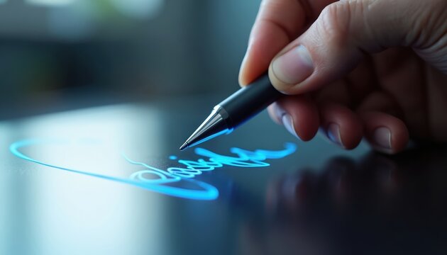 Hand writes digital signature on a screen with stylus. Person uses electronic pen to sign document on tablet. Concept of data protection and legal tech. - Powered by Adobe