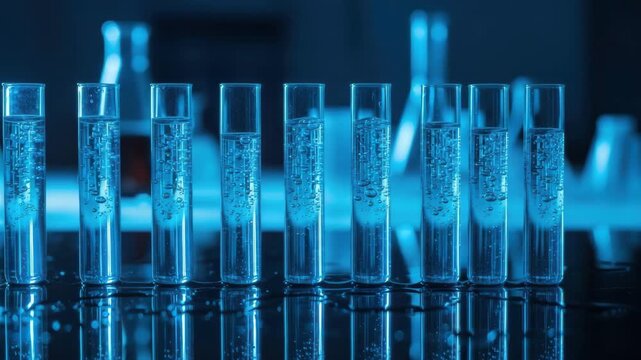 Lab Experiment: Row of Test Tubes with Bubbling Blue Liquid in a Science Laboratory Setting.