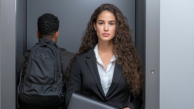 Confident businesswoman in a stylish suit stands in an elevator, showcasing professionalism alongside a man in a backpack.