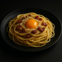 Classic Italian Spaghetti Carbonara with Egg Yolk and Crispy Pancetta