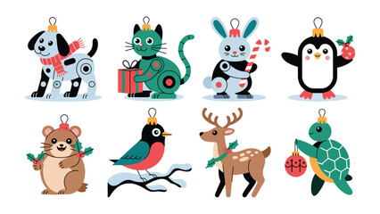 Festive Ornaments of Animals: A vibrant illustration showcasing an adorable ensemble of animal ornaments, ready to bring cheer and charm to holiday decorations, embodying the spirit of the season.