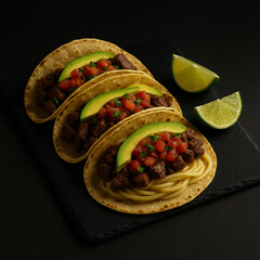 Beef Tacos with Avocado, Tomato Salsa, and Lime on Dark Background