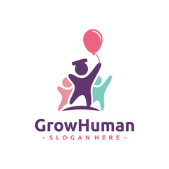 People reaching balloon logo template design. Success and Graduation logo concept. Healthy life vector illustration.